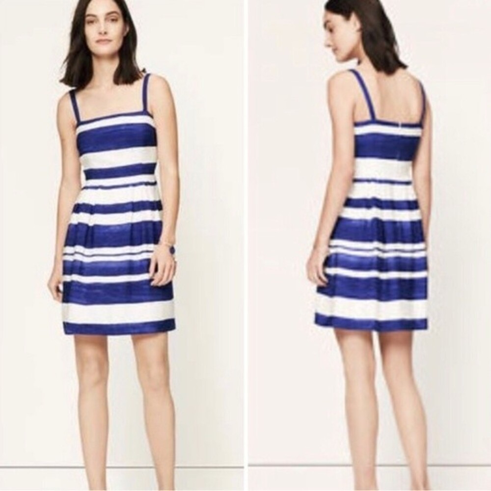 Ann Taylor Loft royal blue and white paintbrush stripe dress size 14 NWOT
